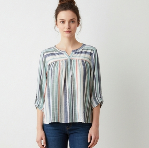 Knox Rose Tops - Knox Rose Women's Striped V-Neck 3/4 Sleeve Boho Rayon Blend Blouse